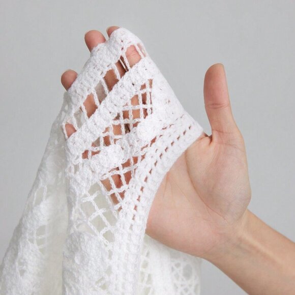 White Casual Women's Crew Neck Long Sleeve Sheer Front Button Up Blouse - Picture 4 of 11